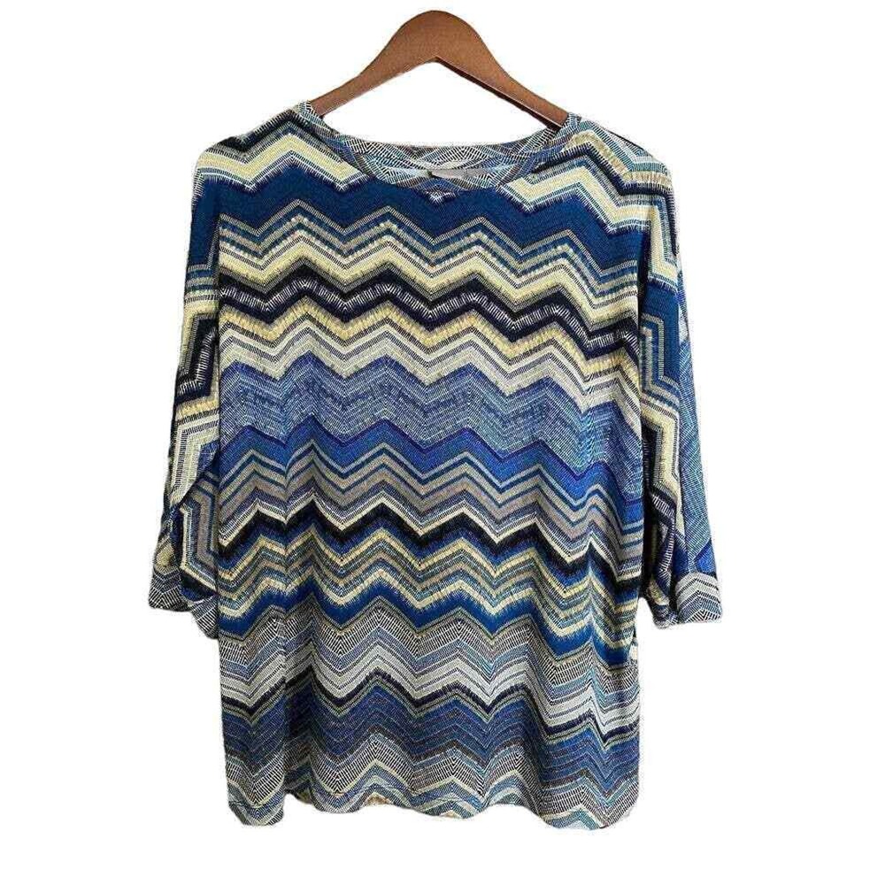 Chico's Chevron Jersey Knit Blouse Blue Yellow Stretch Jersey Knit Women's M/8